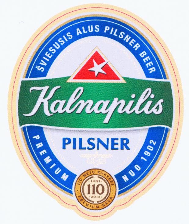 Prekės ženklas: Kalnapilis PILSNER ŠVIESUSIS ALUS PILSNER BEER PREMIUM NUO 1902